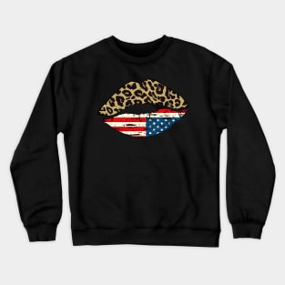 Leopard Patriotic Kiss,4th of July,American flag lips, Cheetah Pattern & American Kiss Crewneck Sweatshirt